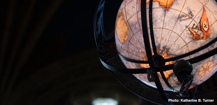 Interior of Suzzallo library, globes hanging in the graduate reading room, University of Washington Seattle campus, December 26th, 2013. Photo by Katherine B. Turner